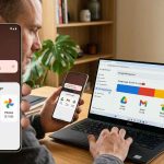 Ilustrasi tampilan notifikasi Google Storage penuh di smartphone dan laptop dengan ikon Google Drive, Gmail, dan Google Photos, serta pengguna sedang mengelola ruang penyimpanan cloud.