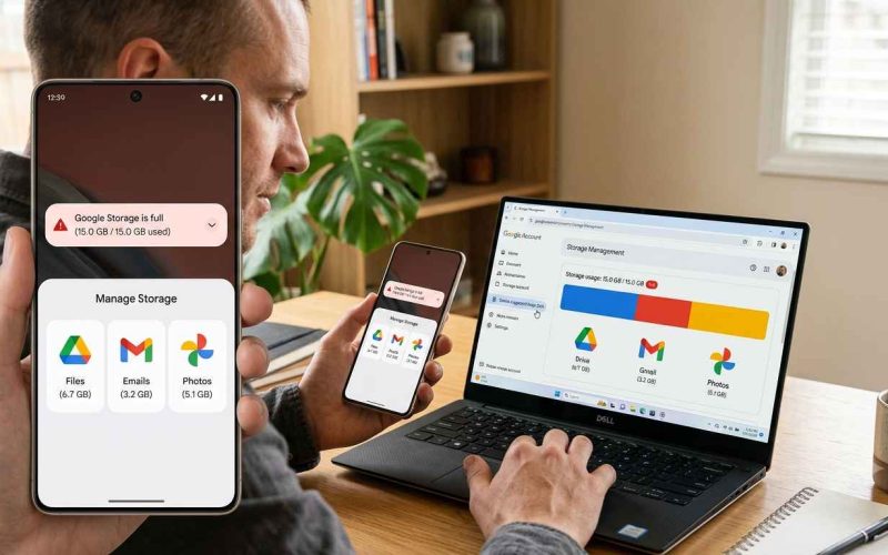 Ilustrasi tampilan notifikasi Google Storage penuh di smartphone dan laptop dengan ikon Google Drive, Gmail, dan Google Photos, serta pengguna sedang mengelola ruang penyimpanan cloud.