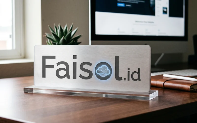 Representasi profesional nama domain Faisol.id dalam bentuk plakat meja modern dengan latar belakang suasana ruang kerja digital.