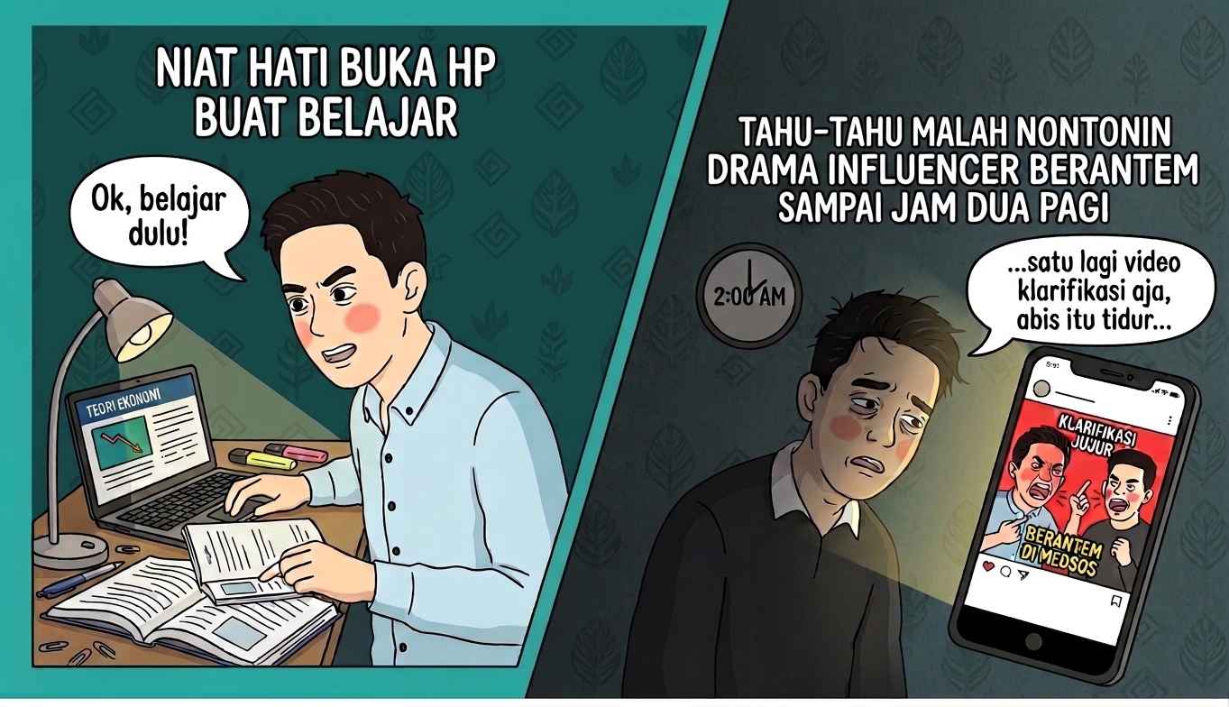 Niat Hati Buka HP Buat Belajar, Tahu-Tahu Malah Nontonin Drama Influencer Berantem Sampai Jam Dua Pagi